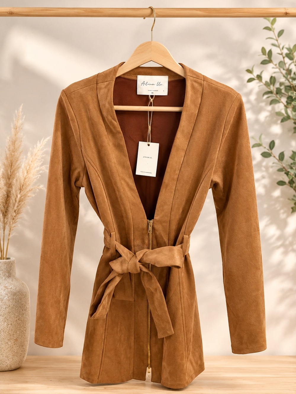 Suede Tie-Waist Jacket in Camel
